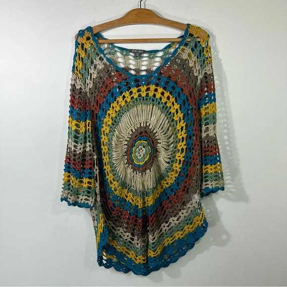 Roz and Ali Open Crochet Knit Yarn Colorful Floral Top - Picture 1 of 6